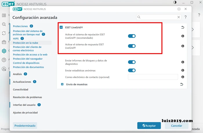 Marcar las 2 opciones para activar eset livegrid