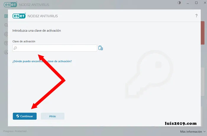 Activar eset nod32 con licencia y clic en continuar