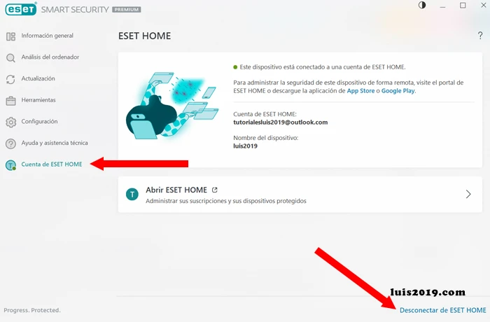 Panel Principal de antivirus sección Cuenta ESET Home
