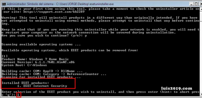 Debemos seleccionar el producto ESET a eliminar