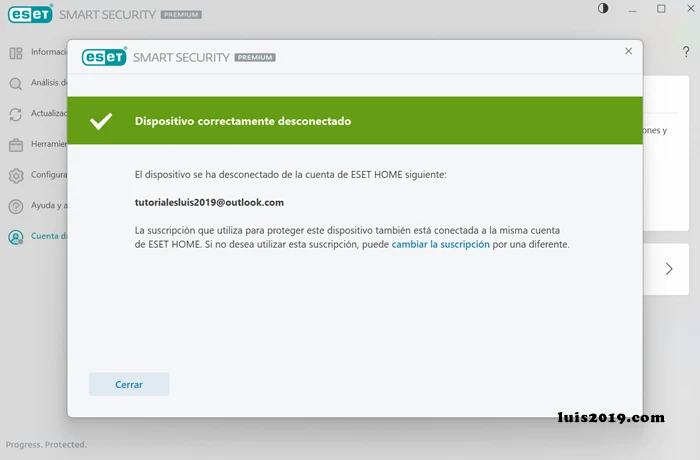 Panel de antivirus mensaje de cuenta eset home desconectado