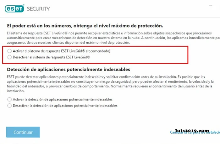 Activar o desactivar en instalación el ESET Livegrid