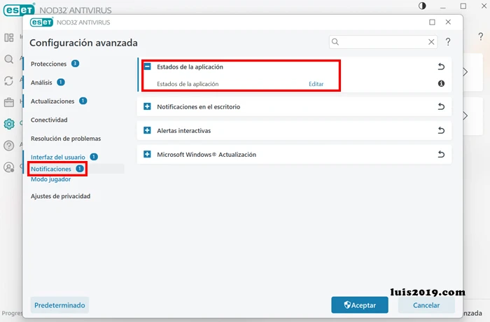 Editar las notificaciones de Eset Livegrid
